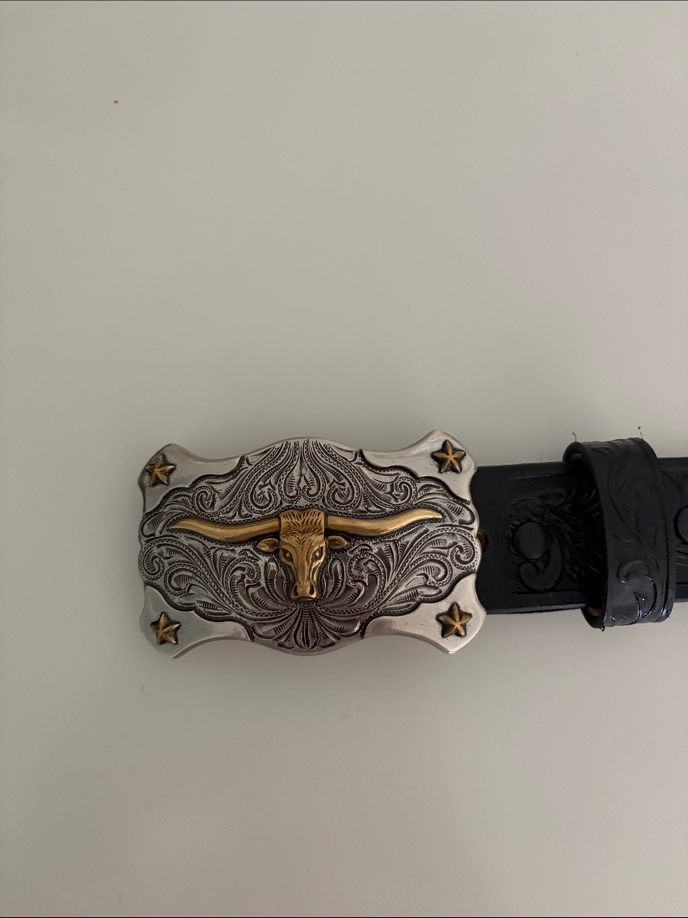 Tony Lama Western Longhorn Belt Buckle with Black Leather Belt